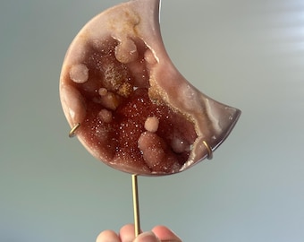 Pink Amethyst Moon on Stand | Natural Crystal Display | Soft-Hued Amethyst Crescent | Decorative Gemstone for Home & Energy Work
