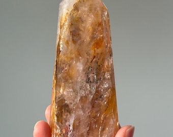 Quartz and Golden Healer Tower w/Pyrite and Hematite | Crystal Point for Confidence, Protection & Grounding | Home Decor