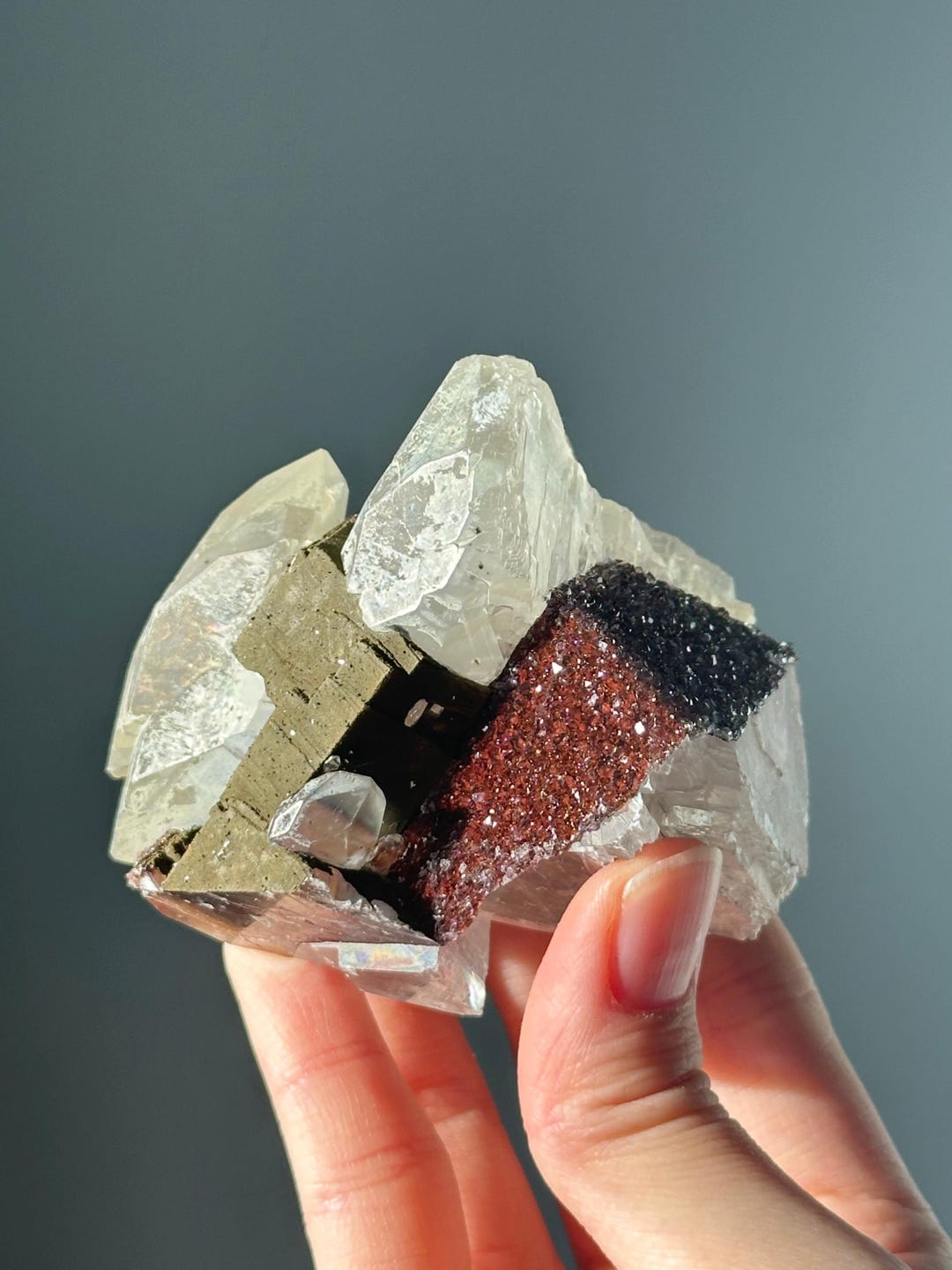 Calcite with Red Hematite Druze | Natural Crystal Formation | Stunning Mineral Specimen with Hematite Inclusions | Unique Display Piece
