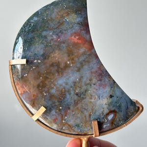 Colorful Moss Agate Rainbow Moon on Stand | Crystal Crescent for Balance and Grounding | Nature-Inspired Decor | Healing Gemstone Display