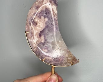 Pink Amethyst Moon on Stand | Natural Crystal Display | Soft-Hued Amethyst Crescent | Decorative Gemstone for Home & Energy Work
