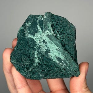 May include: A dark teal mineral specimen with a textured, bubbly surface and a lighter, crystalline vein running through it. The mineral is held in a hand against a neutral background.