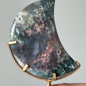 Colorful Moss Agate Rainbow Moon on Stand | Crystal Crescent for Balance and Grounding | Nature-Inspired Decor | Healing Gemstone Display