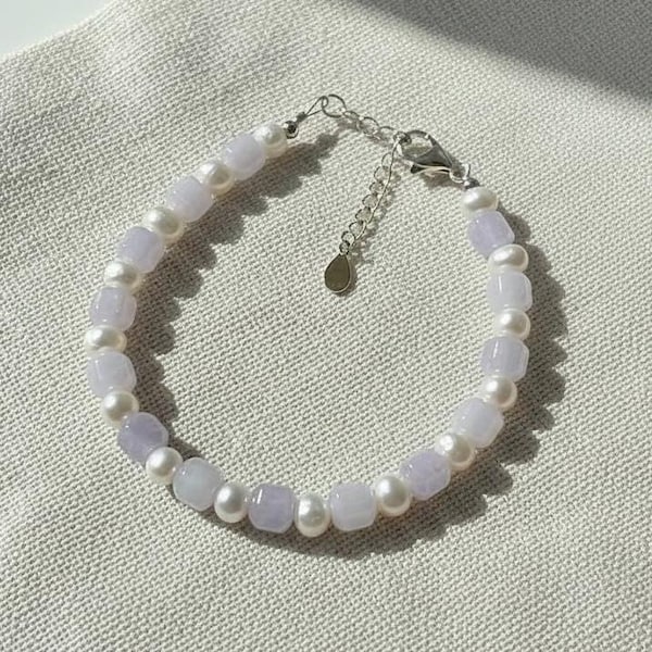 Lavender Jade Cube Cut Bracelet with Freshwater Pearl | Natural Jade Beads | S925 Sterling Silver Extender Chain | Handmade Gemstone Jewelry
