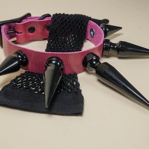 Rave Punk Choker with Giant Black Spikes in Pink Leather