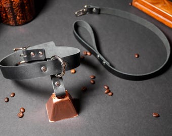 Deluxe Locking Hucow Collar with Copper Cowbell and Leash Combo in Black Leather