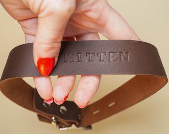 Sub Collar with Embossed Letters and Optional Locking Buckle in Brown Leather