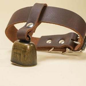 May include: A brown leather collar with a brass bell attached. The collar has a buckle closure and is secured with silver rivets. The bell is a dark brass color and has a rounded shape. The collar is designed for livestock.
