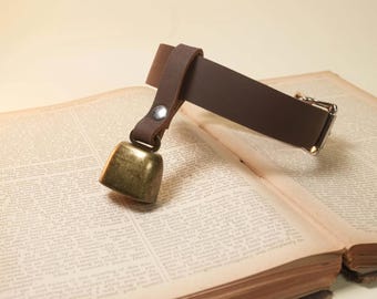 Hucow Collar with Antique Brass Cowbell and Silver Hardware in Brown Leather