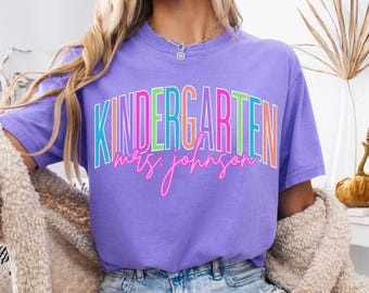 Personalized Kindergarten Teacher Shirt, Comfort Colors Kinder Crew Tee, Custom Back to School Teacher Gift, Pre-K Elementary Shirt