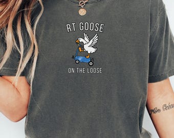 May include: Dark grey t-shirt with a graphic of a goose riding a blue scooter, with the text "RT GOOSE ON THE LOOSE". The goose is white with black accents. The shirt is a casual style.