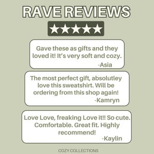 May include: Image features the text "RAVE REVIEWS" above a five-star rating. Below are customer testimonials praising the softness, comfort, and fit of a sweatshirt. The shop name "COZY COLLECTIONS" is at the bottom.
