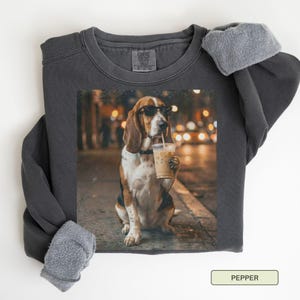 May include: Dark gray sweatshirt with a graphic of a Basset Hound wearing sunglasses and drinking an iced coffee. The dog is sitting on a sidewalk with a blurred city background. The sweatshirt is labeled "Pepper".