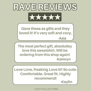 May include: Image features the text "RAVE REVIEWS" above a five-star rating. Below, customer testimonials praise the softness, comfort, and fit of the product, describing it as a perfect gift. The shop name "COZY COLLECTIONS" is at the bottom.