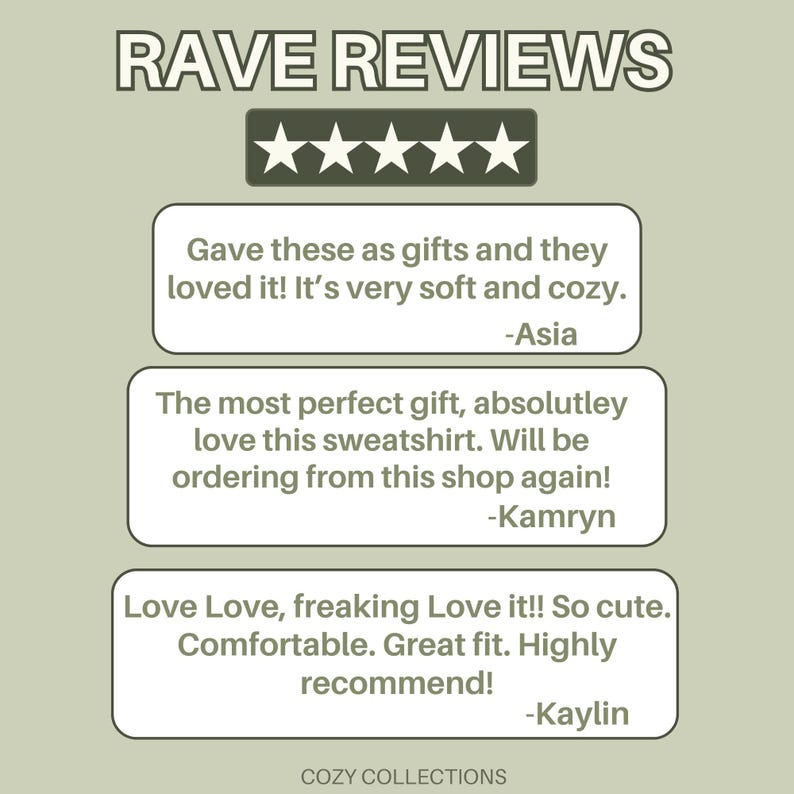 May include: Image features the text "RAVE REVIEWS" above a five-star rating. Below, customer testimonials praise the softness, comfort, and fit of the product, describing it as a perfect gift. The shop name "COZY COLLECTIONS" is at the bottom.