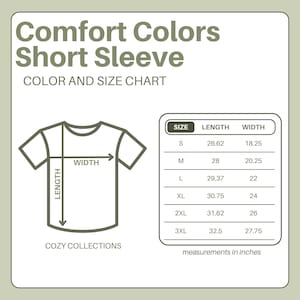 May include: A tan graphic showing a Comfort Colors short sleeve t-shirt size chart. The chart includes measurements in inches for sizes S to 3XL. The text "COZY COLLECTIONS" is at the bottom.