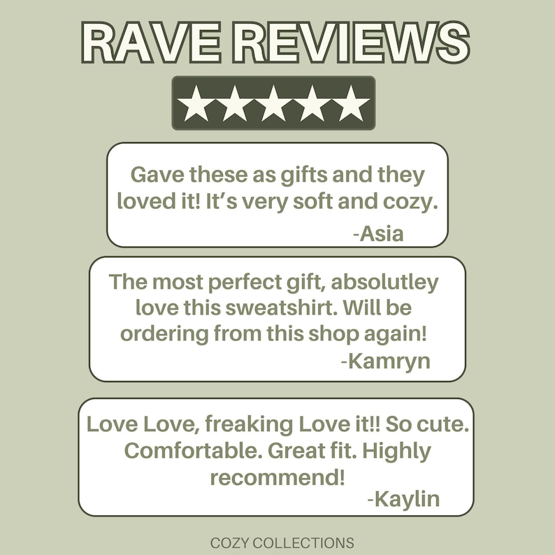 May include: Image displays "RAVE REVIEWS" with a five-star rating. Customer reviews highlight the softness and comfort of a sweatshirt, describing it as a perfect gift. The shop name "COZY COLLECTIONS" is at the bottom.