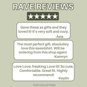 May include: Image featuring the text "RAVE REVIEWS" above a five-star rating. Customer testimonials are displayed in white text boxes, praising the softness, comfort, and fit of the products. The shop name "COZY COLLECTIONS" is at the bottom.