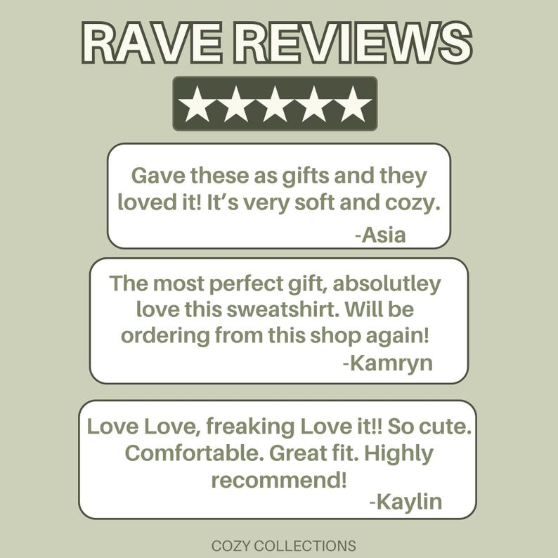 May include: Image featuring the text "RAVE REVIEWS" above a five-star rating. Customer testimonials are displayed in white text boxes, praising the softness, comfort, and fit of the products. The shop name "COZY COLLECTIONS" is at the bottom.