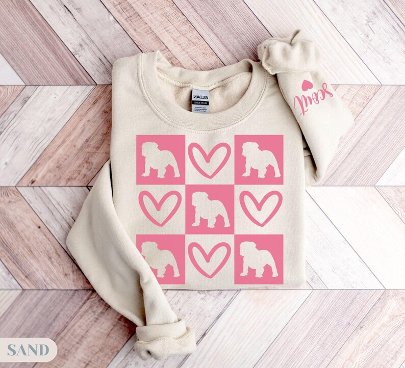 English Bulldog Valentine Sweatshirt, Personalized English Bulldog Sweatshirt, Dog Mom Gift, Dog Mom Crewneck, Bulldog Lover, gift mom hers Sand