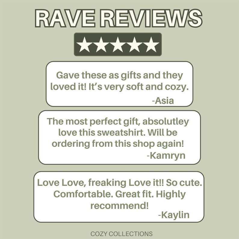 May include: Image of a graphic with the text "RAVE REVIEWS" above five stars. Three customer reviews are displayed in white boxes, praising the softness, fit, and overall quality of the product. The shop name "COZY COLLECTIONS" is at the bottom.