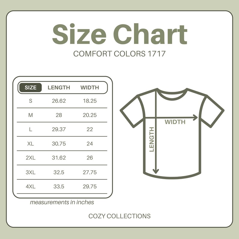May include: A size chart for Comfort Colors 1717 t-shirts, with measurements in inches. The chart includes sizes S through 4XL, with corresponding length and width dimensions. A diagram illustrates how to measure the shirt's length and width. The text "COZY COLLECTIONS" is at the bottom.