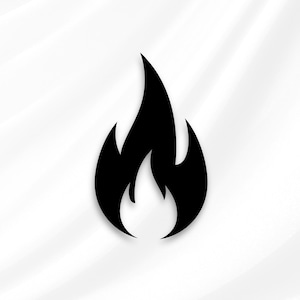 Puede incluir: Icono de llama negra sobre fondo blanco. La llama estilizada, con su punta y lados curvos, evoca calor o energía. El diseño es simple y gráfico, adecuado para diversas aplicaciones.