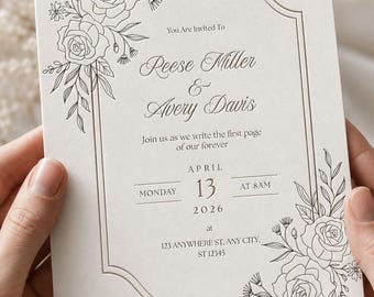 Invitación editable de Canva con diseño lineal de rosas, plantilla minimalista de boda floral en blanco y negro.