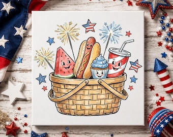 Lindo diseño PNG de cesta de picnic patriótica / Sublimación de garabatos del 4 de julio / Fuegos artificiales de sandía y perrito caliente / Camiseta retro americana de verano