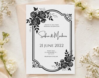 Plantilla editable de invitación de rosa negra para Canva, elegante tarjeta de boda floral, diseño botánico imprimible.
