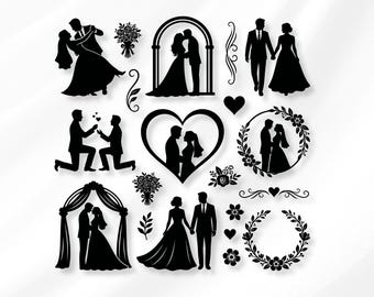 Paquete de archivos SVG para pareja de novios, silueta de corazón para novios (descarga instantánea)