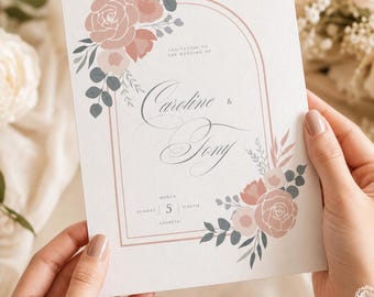 Plantilla editable de invitación floral en tonos pastel para Canva, tarjeta de boda botánica en tonos rosados, diseño de arco imprimible.