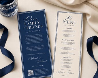 Old Money Wedding Menu Card Template, Navy Blue Elegant Place Card Set (Digital Download)