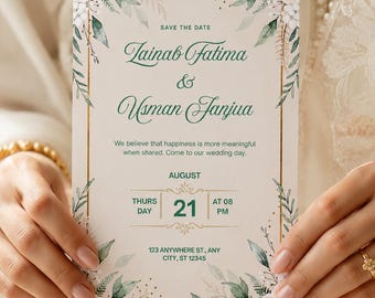 Plantilla editable de invitación de boda floral, tarjeta de "Reserva la fecha" con motivos vegetales, invitación de boda en Canva, descarga instantánea.