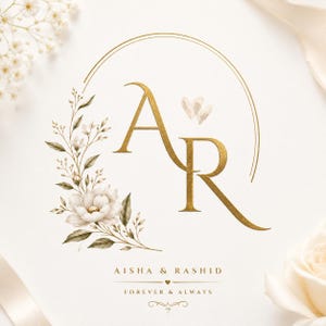 May include: A wedding invitation card featuring the gold foil letters AR centered within a thin gold oval frame. To the left, a floral arrangement of white flowers and green leaves. Below, the text AISHA & RASHID and FOREVER & ALWAYS.