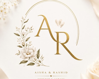 Logotipo de monograma de boda personalizado, iniciales personalizadas, pareja floral, marca de boda editable en Canva