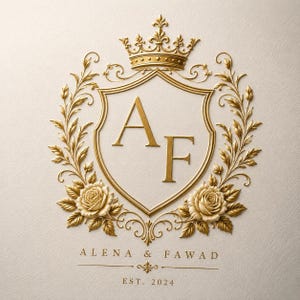 Puede incluir: Un emblema dorado con las letras AF centradas en un escudo, rematado con una corona y enmarcado por enredaderas florales y rosas. Debajo del escudo, el texto dice ALENA & FAWAD y EST. 2024, sobre un fondo blanco roto texturizado.