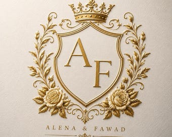 Logotipo de escudo de boda de lujo, monograma dorado personalizado imprimible en PNG, PDF y SVG