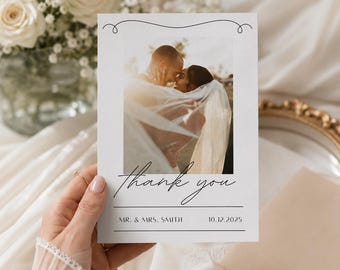 Plantilla de Canva para tarjeta de agradecimiento de boda, foto editable, diseño minimalista moderno, descarga instantánea.