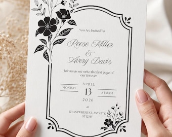 Plantilla de invitación floral negra para Canva, tarjeta imprimible minimalista botánica editable