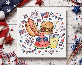 Lindo dibujo patriótico PNG, diseño de sublimación del 4 de julio, fuegos artificiales de sandía y perrito caliente PNG, gráfico de camiseta retro americana de verano