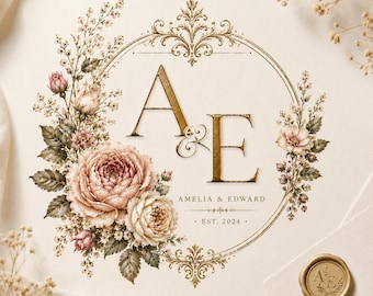 Logotipo de iniciales florales vintage / Plantilla de monograma editable en Canva / Logotipo de escudo de boda en formato PNG y PDF
