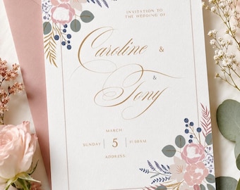 Plantilla de invitación floral rosa para Canva, tarjeta de boda botánica dorada, diseño romántico imprimible