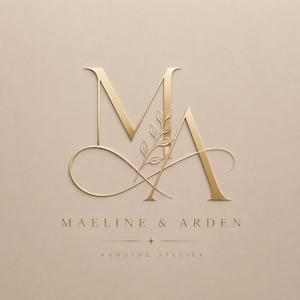 May include: A gold-colored logo featuring the letters M and A in a serif font, intertwined with a delicate botanical branch illustration. Below the monogram, the text reads MAELINE & ARDEN, followed by a small star and WEDDING ATELIER.