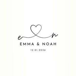 May include: A minimalist design featuring a black heart intertwined with the letters "e" and "n", symbolizing a couple's initials. Below, the names "EMMA & NOAH" are displayed, along with the date "12.01.2026".