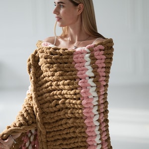 Thick knit throw in a rustic style. Soft fluffy blanket for relaxation. Hand knitted chenille blanket. Give a blanket to your loved ones