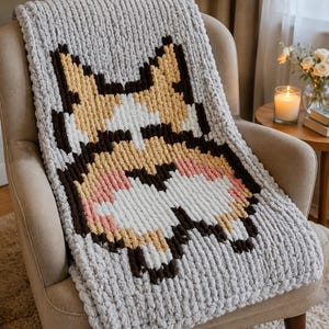 Könnte beinhalten: Eine grob gestrickte Decke in Hellgrau mit einer pixeligen Grafik eines Hundegesichts. Das Design verwendet beigefarbenes, dunkelbraunes, weißes und zartrosa Garn, um die Gesichtszüge wie spitze Ohren, Augen und eine Schnauze darzustellen.