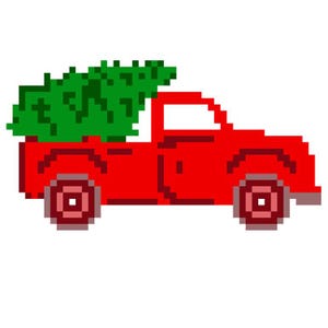 May include: Pixelated illustration of a red pickup truck carrying a green Christmas tree. The truck has red wheels and a white background. A festive holiday image.