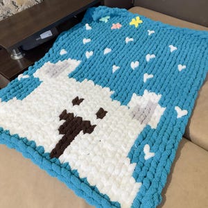 Chunky soft baby fluffy blanket with a white bear and snowflakes. Winter warm chenille blanket. Plush children&#39;s play mat. Gift for a child