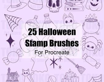 May include: A collection of 25 Halloween-themed stamp brushes for Procreate, featuring various spooky illustrations. Includes a witch's hat, candy corn, skull, books, pumpkin, spider web, potion bottles, bat, cauldron, spider, candy, ghost, stars, broom, house, cat, lollipop, and candles.